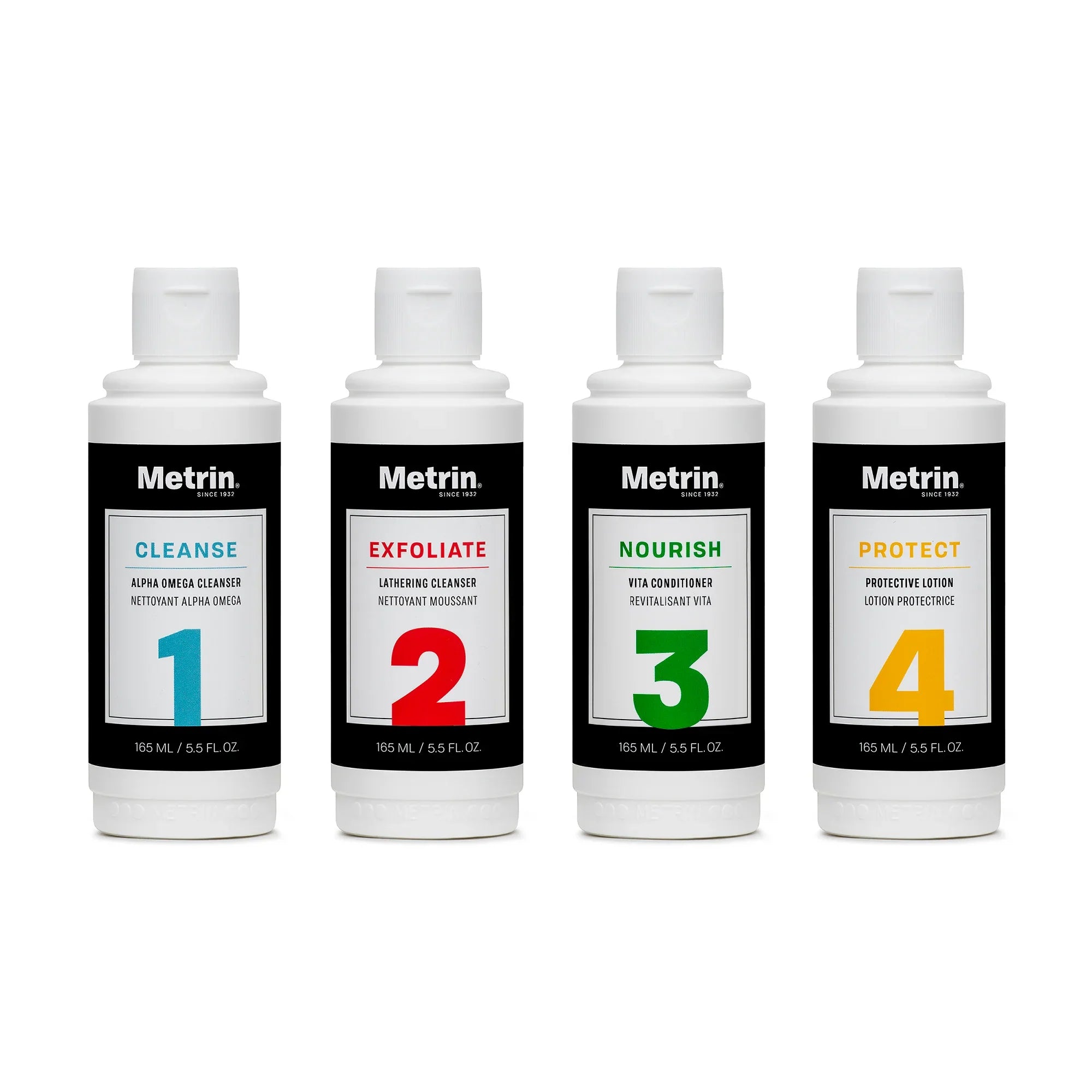 Four bottles of Metrin skincare products with labels for Cleanse, Exfoliate, Nourish, and Protect on a white background