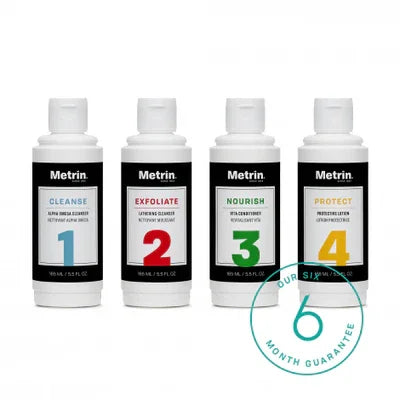Four bottles of Metrin skincare products with labels for Cleanse, Exfoliate, Nourish, and Protect on a white background.