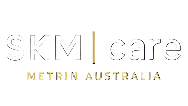 SKM care logo with 'Metrin Australia' on a dark background