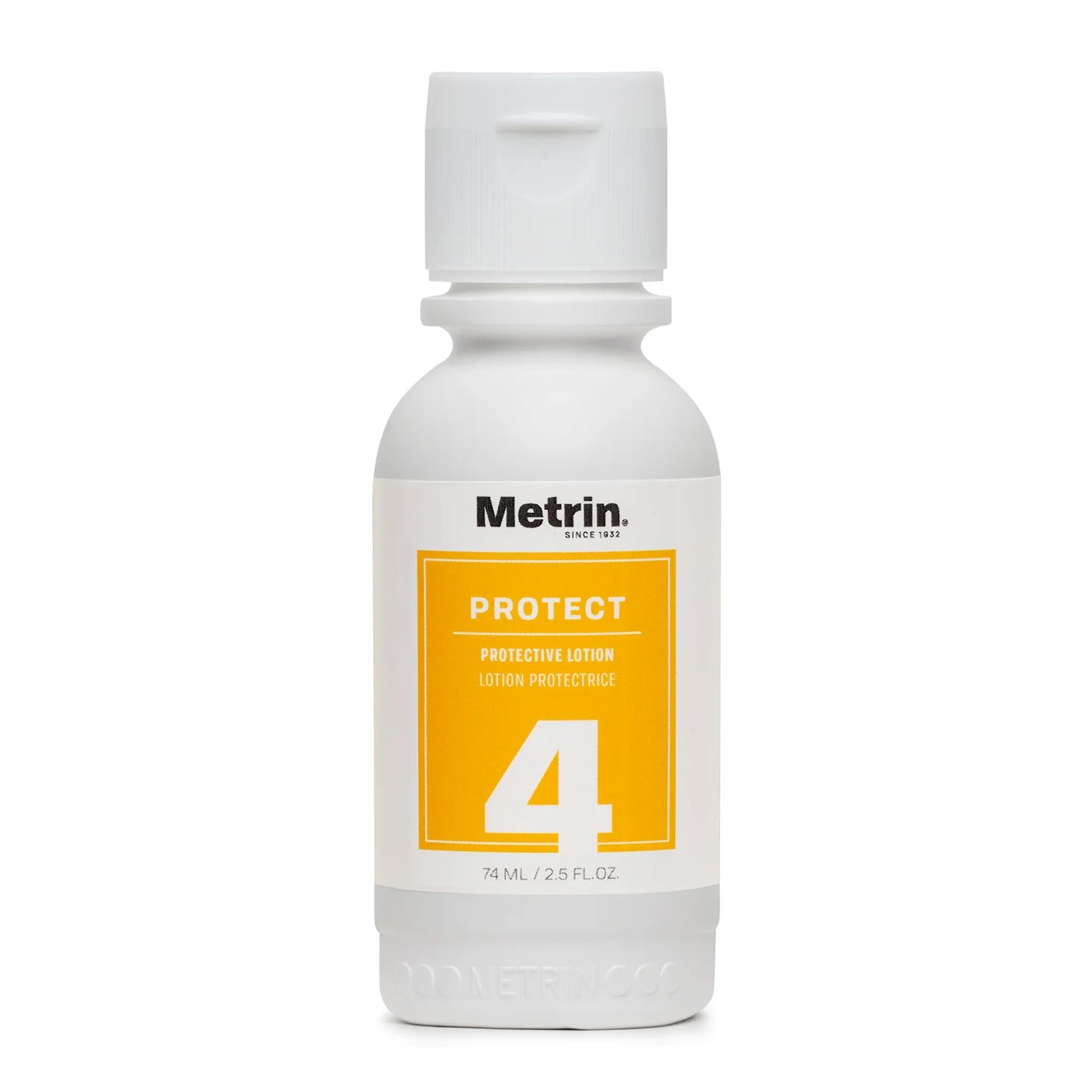White bottle of Metrin Protect 4 protective lotion on a white background
