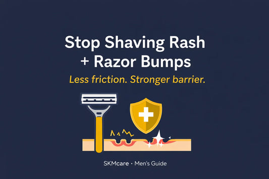 Stop shaving rash and razor bumps infographic for men – less friction, stronger skin barrier (SKMcare Australia)