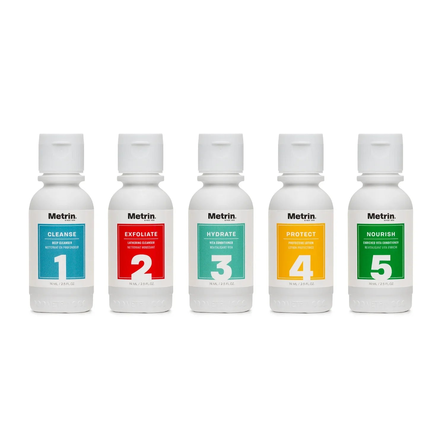 Metrin Women’s 5-Step Skincare System Travel Size – Cleanse, Exfoliate, Hydrate, Protect, Nourish bottles in a row