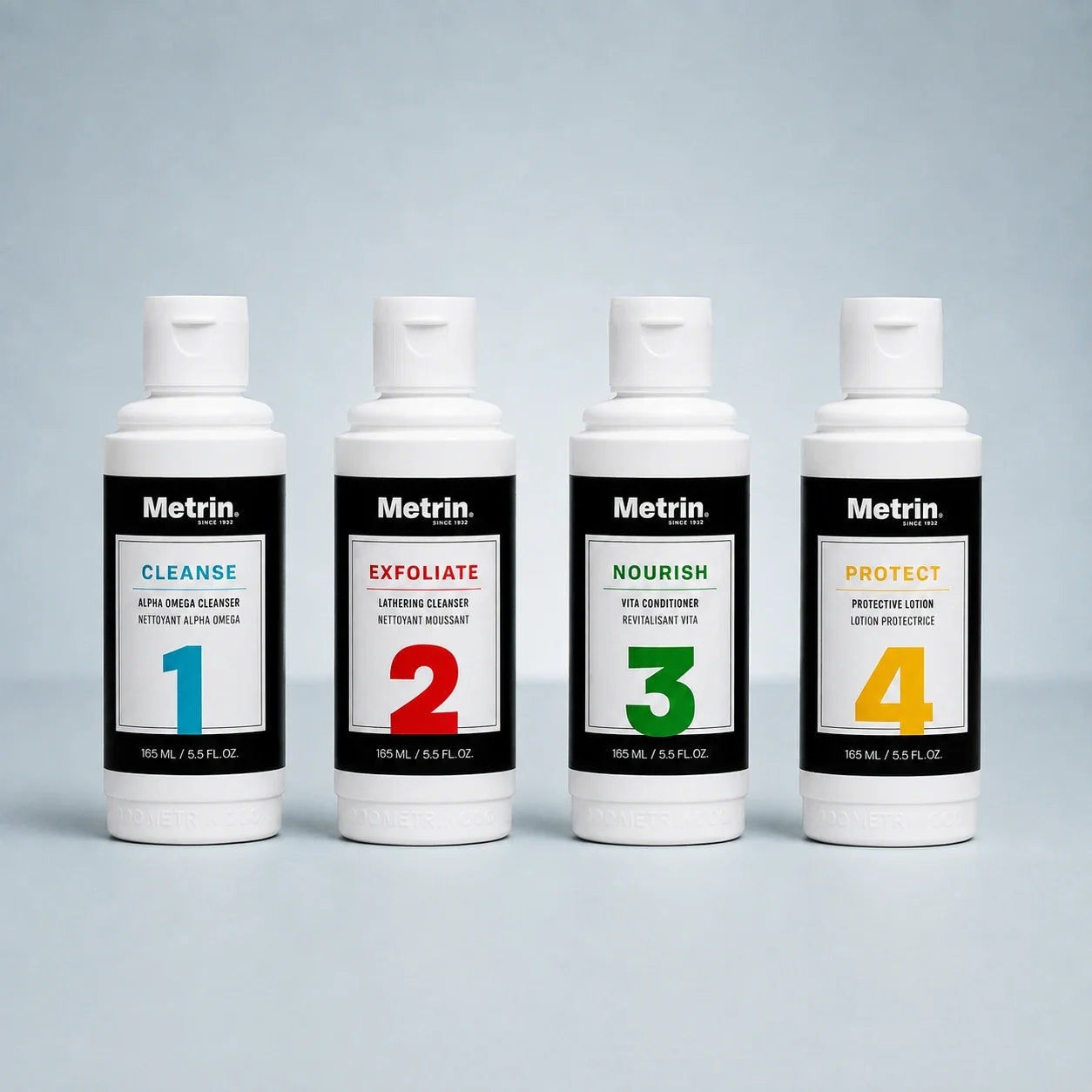 Metrin Men’s 4-Step Skincare System with Cleanse, Exfoliate, Nourish and Protect bottles.