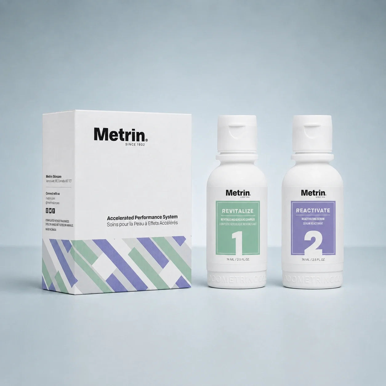 Metrin Accelerated Performance System with Revitalize and Reactivate treatments and product box.