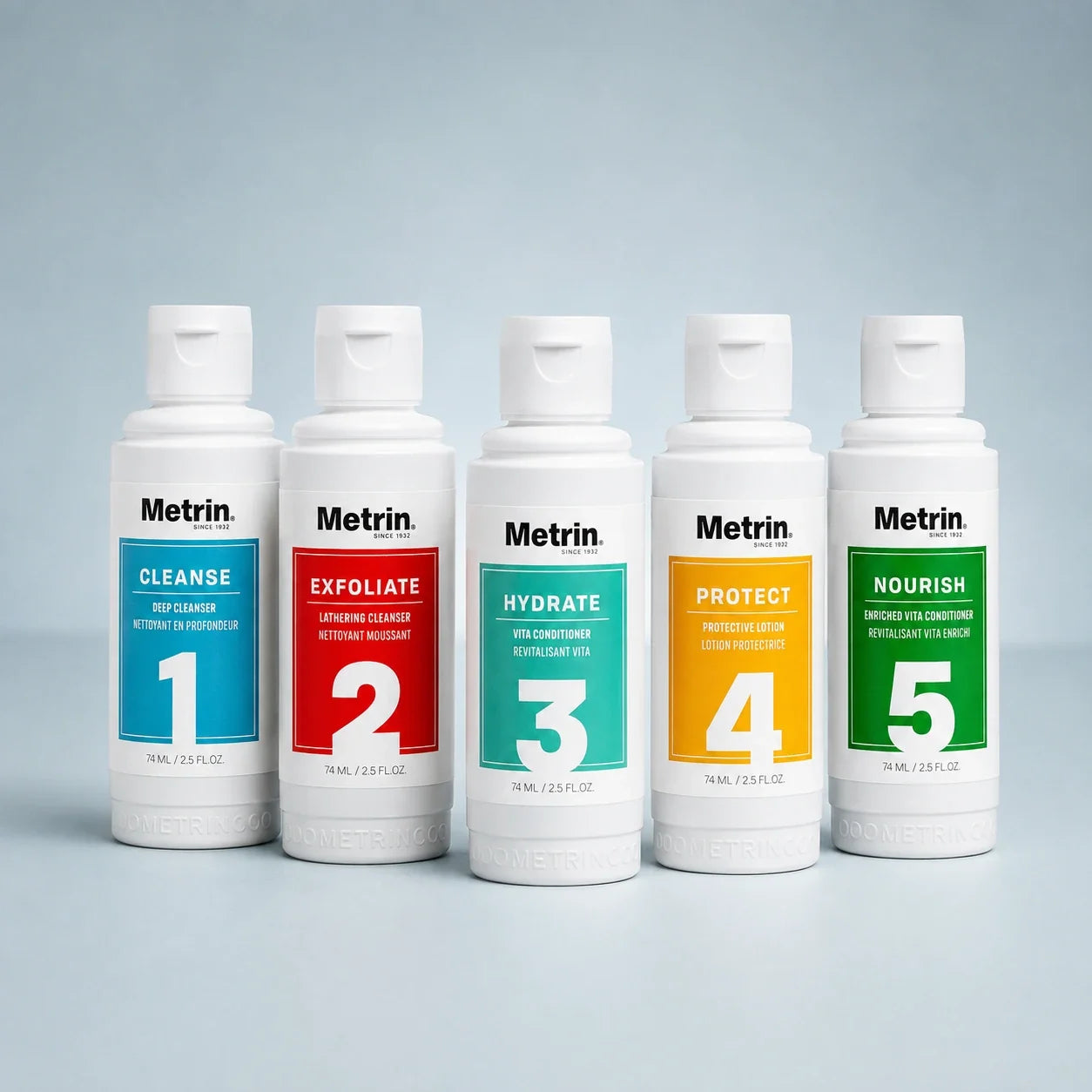 Metrin Women’s 5-Step Skincare System with Cleanse, Exfoliate, Hydrate, Protect and Nourish bottles.
