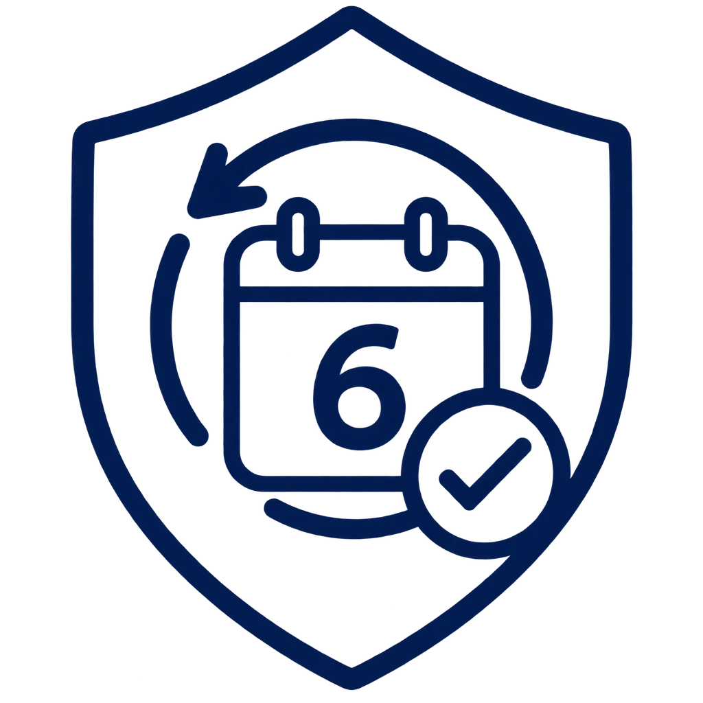 A dark navy blue line icon depicting a shield with a calendar showing the number 6 and a checkmark, set against a solid white background.