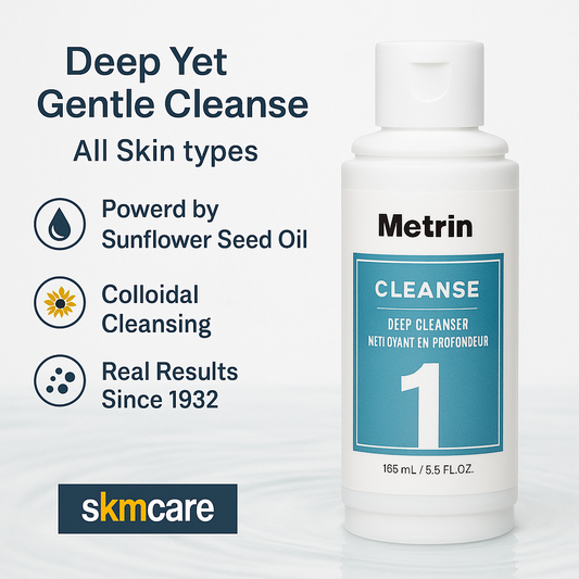 Metrin Deep Cleanser bottle with product details on a light gray background