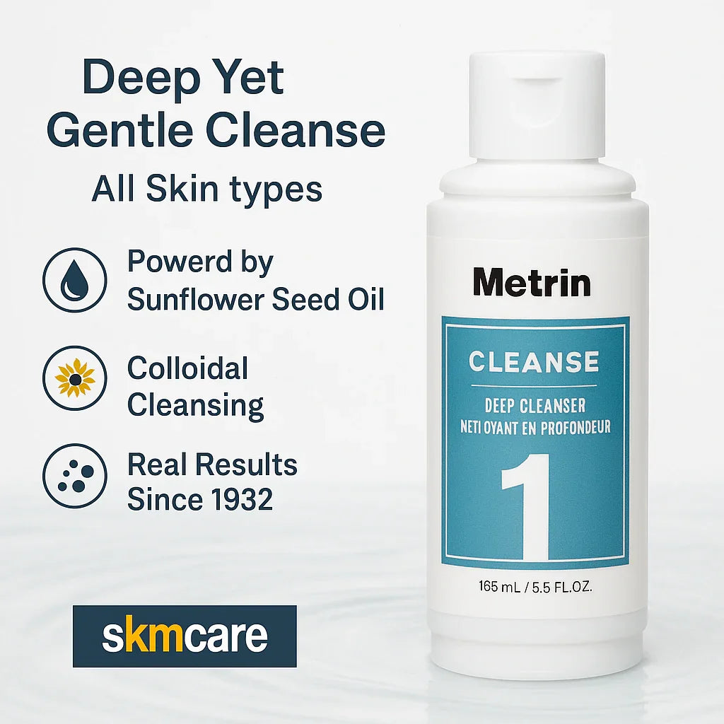 Metrin Deep Cleanser product benefits – deep yet gentle cleanser powered by sunflower seed oil, colloidal cleansing, proven results since 1932