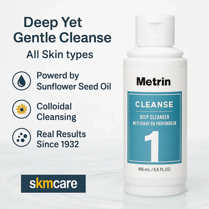 Metrin Deep Cleanser product benefits – deep yet gentle cleanser powered by sunflower seed oil, colloidal cleansing, proven results since 1932