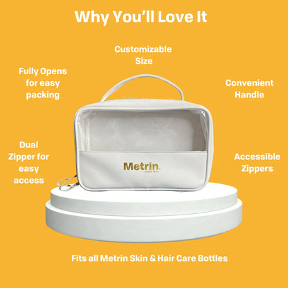 White toiletry bag with 'Metrin' branding on a yellow background with features listed.