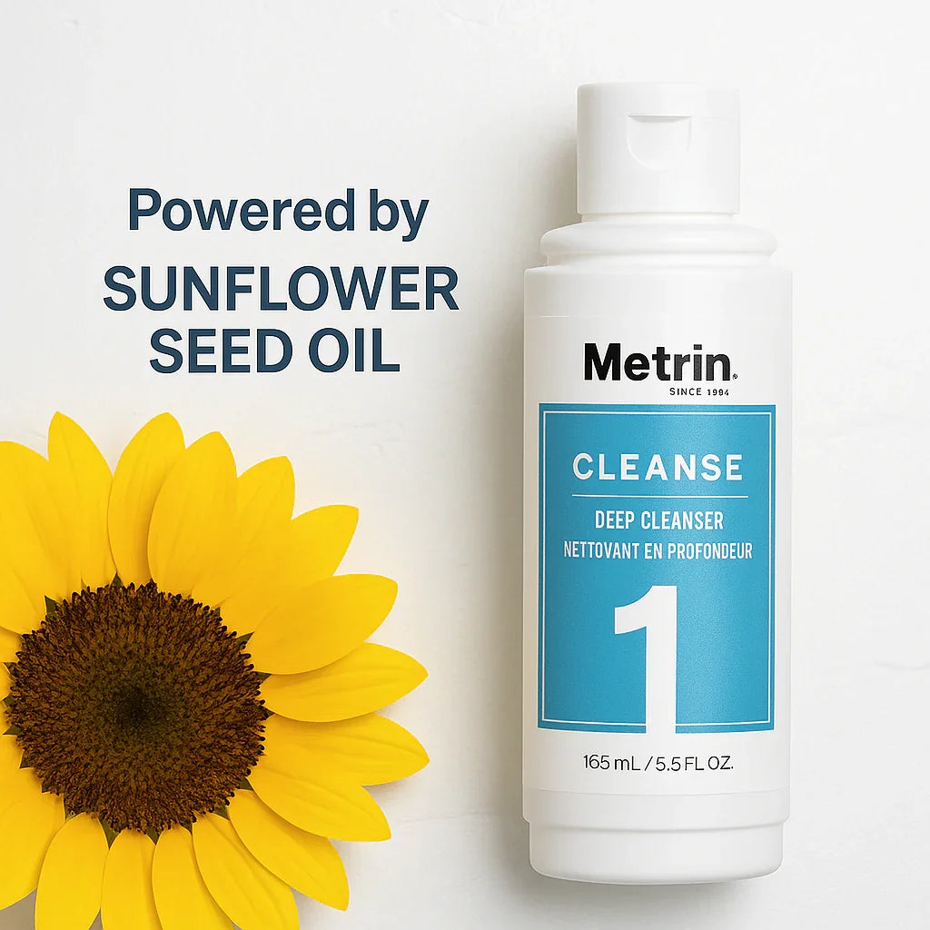 Metrin Deep Cleanser powered by cold-pressed sunflower seed oil – rich in Vitamin E and Oleic Acid, non-comedogenic and hydrating for all skin types