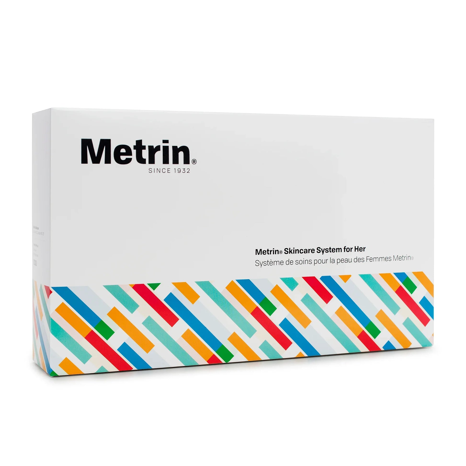 All five steps of the Metrin skincare system arranged together in box – a complete solution for long-term skin health