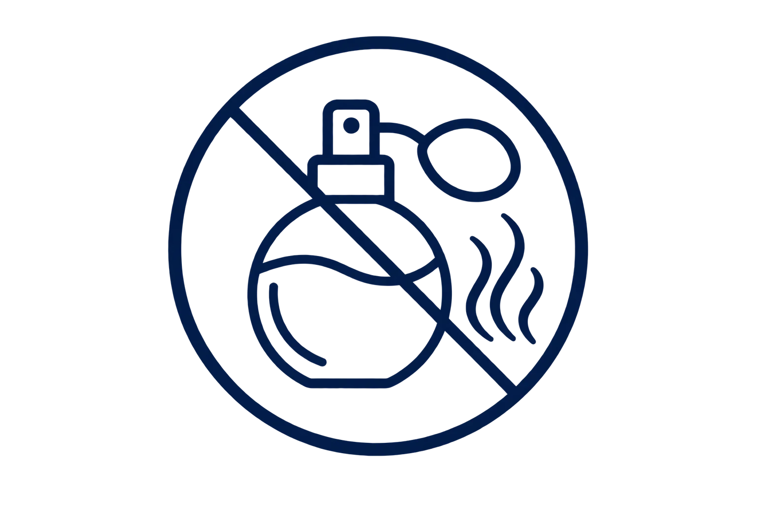 A dark navy blue line icon depicting a spray bottle with a diagonal prohibition slash through it, on a solid white background.
