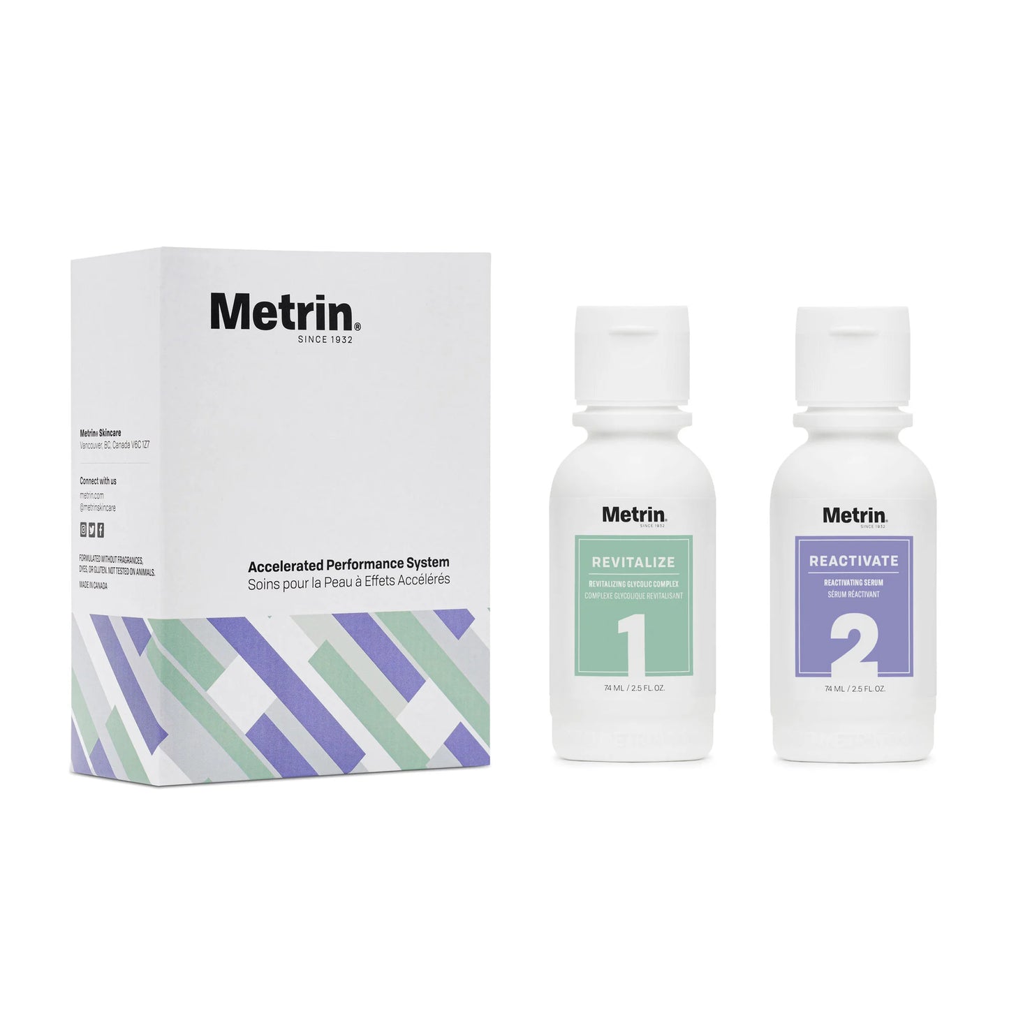 Metrin Accelerated Performance System kit with Revitalize glycolic serum and Reactivate treatment serum beside product box.