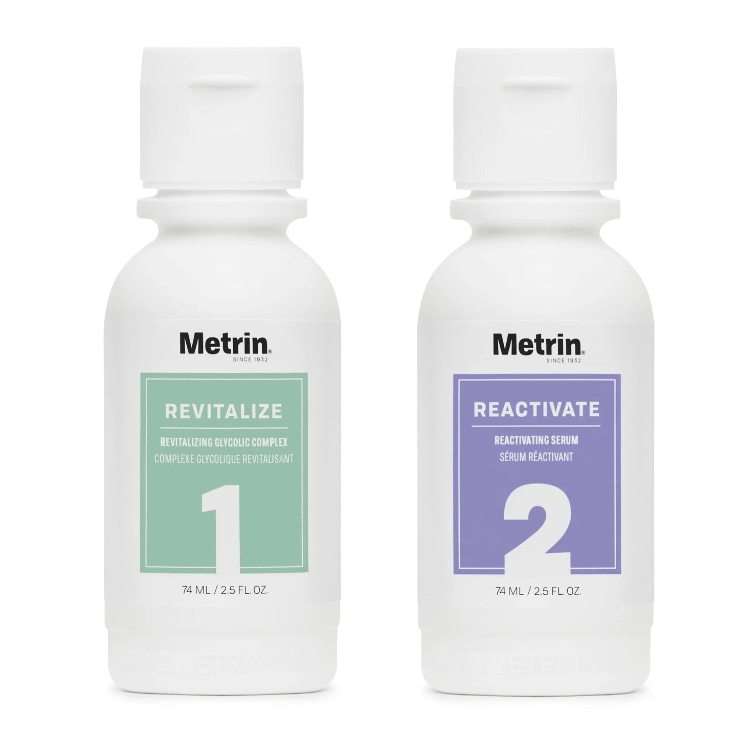 Metrin Accelerated Performance System bottles — Revitalizing Glycolic Complex and Reactivating Serum.
