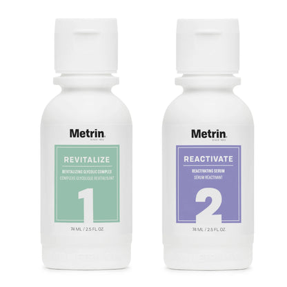 Metrin Accelerated Performance System bottles — Revitalizing Glycolic Complex and Reactivating Serum.