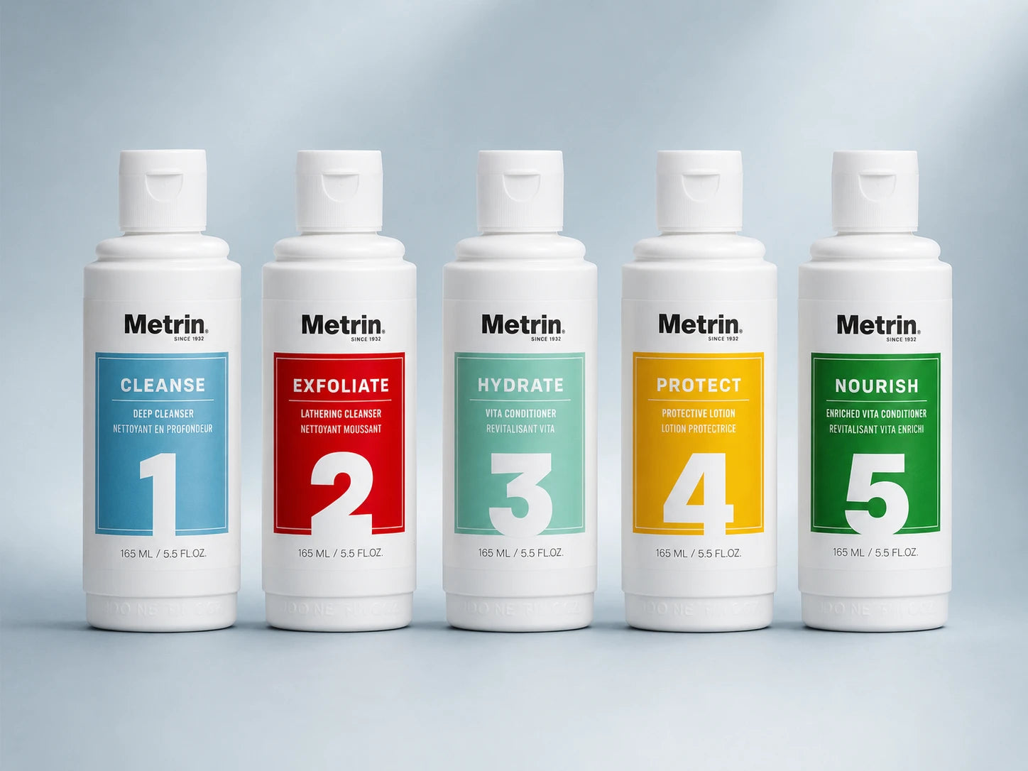 Five white Metrin skincare bottles lined up against a soft light blue-gray gradient background. Each bottle has a different colored label: blue for Cleanse, red for Exfoliate, mint green for Hydrate, yellow for Protect, and green for Nourish, with large white numbers 1 through 5 on the front.